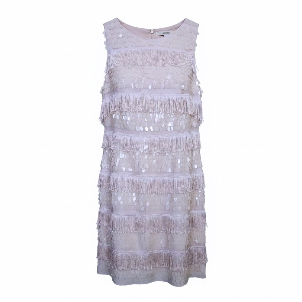 Eliza J Fringe Sequin Dress Sz 6 Pink Blush Sleeveless Shift Mini Cocktail Party